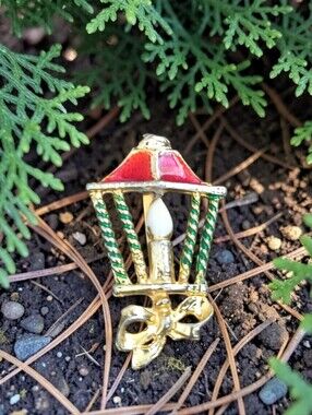Gold-tone Red & Green Enamel Lantern Pin Brooch